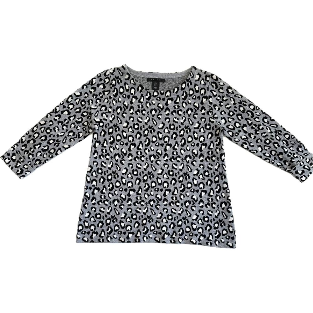 TAHARI Pullover Sweater Women's Size M Gray Black Leopard Print